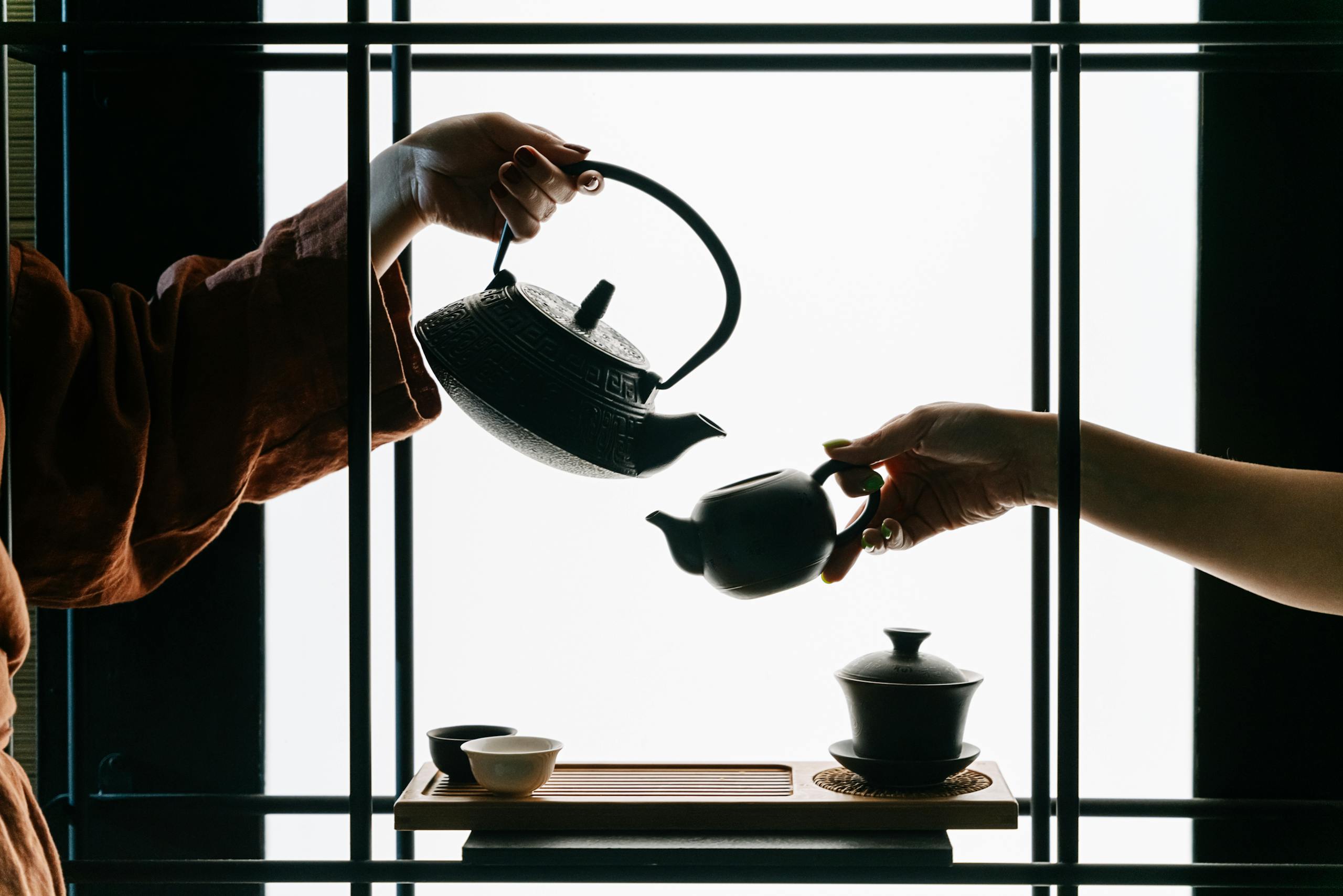 Two people engaged in a traditional tea ceremony, gracefully pouring tea with handcrafted teapots.
